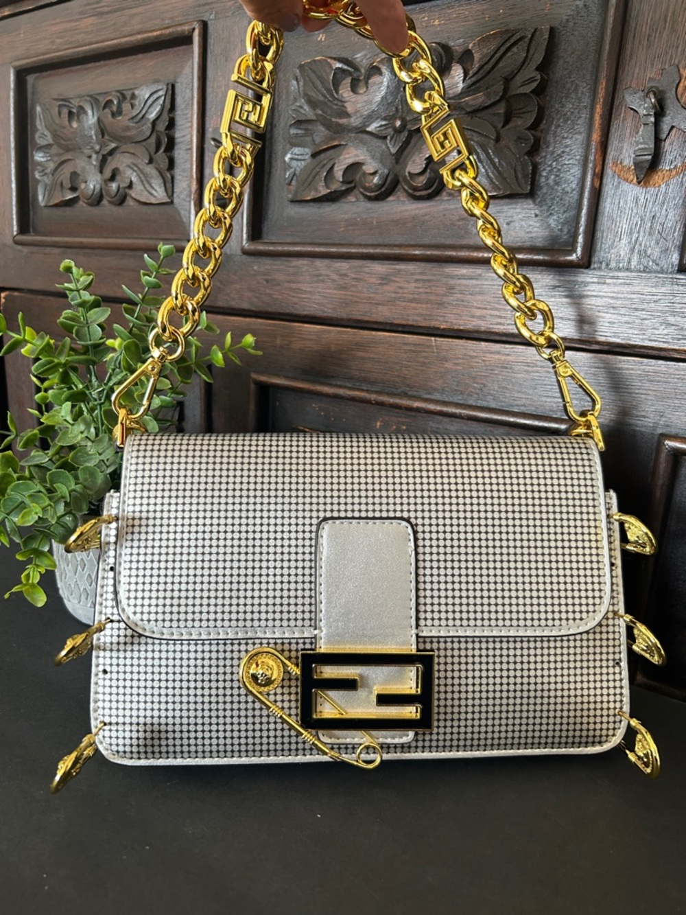 Designer-Inspired Silver Chain Shoulder Bag with Gold Hardware